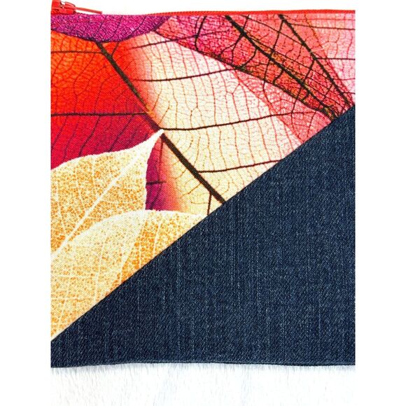 Handmade Upcycled Denim Fall Leaves Zipper Pouch Wallet Cotton Lined - Picture 3 of 7